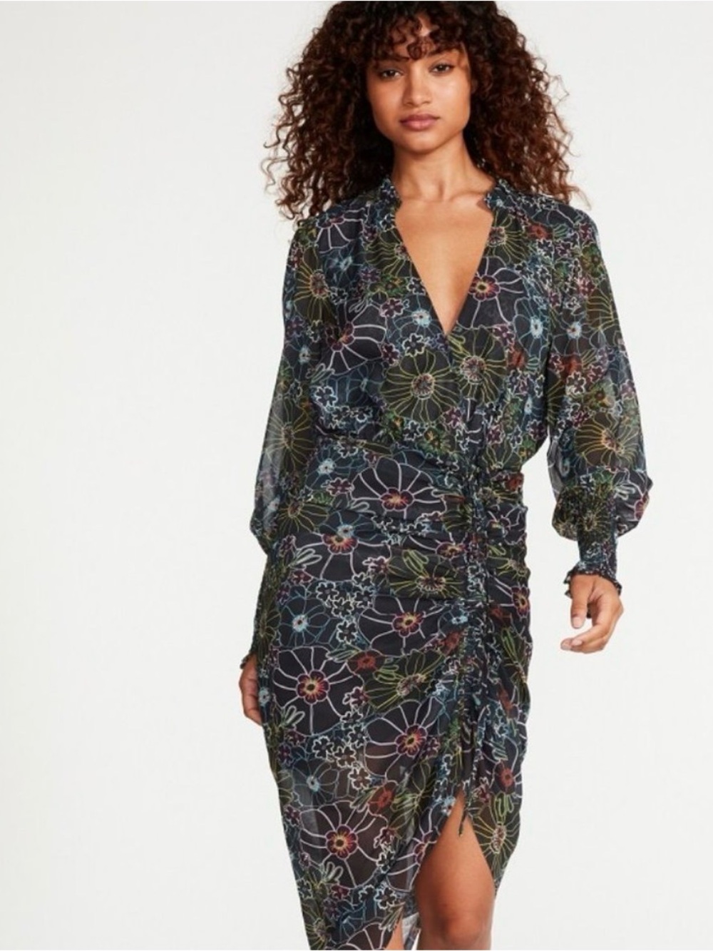 Black With Flowers Long Sleeve Hi -Low Dress